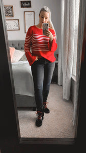 Long Bell Sleeve Striped Knit Pullover Sweater