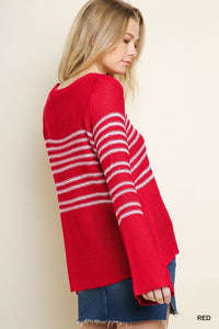 Long Bell Sleeve Striped Knit Pullover Sweater